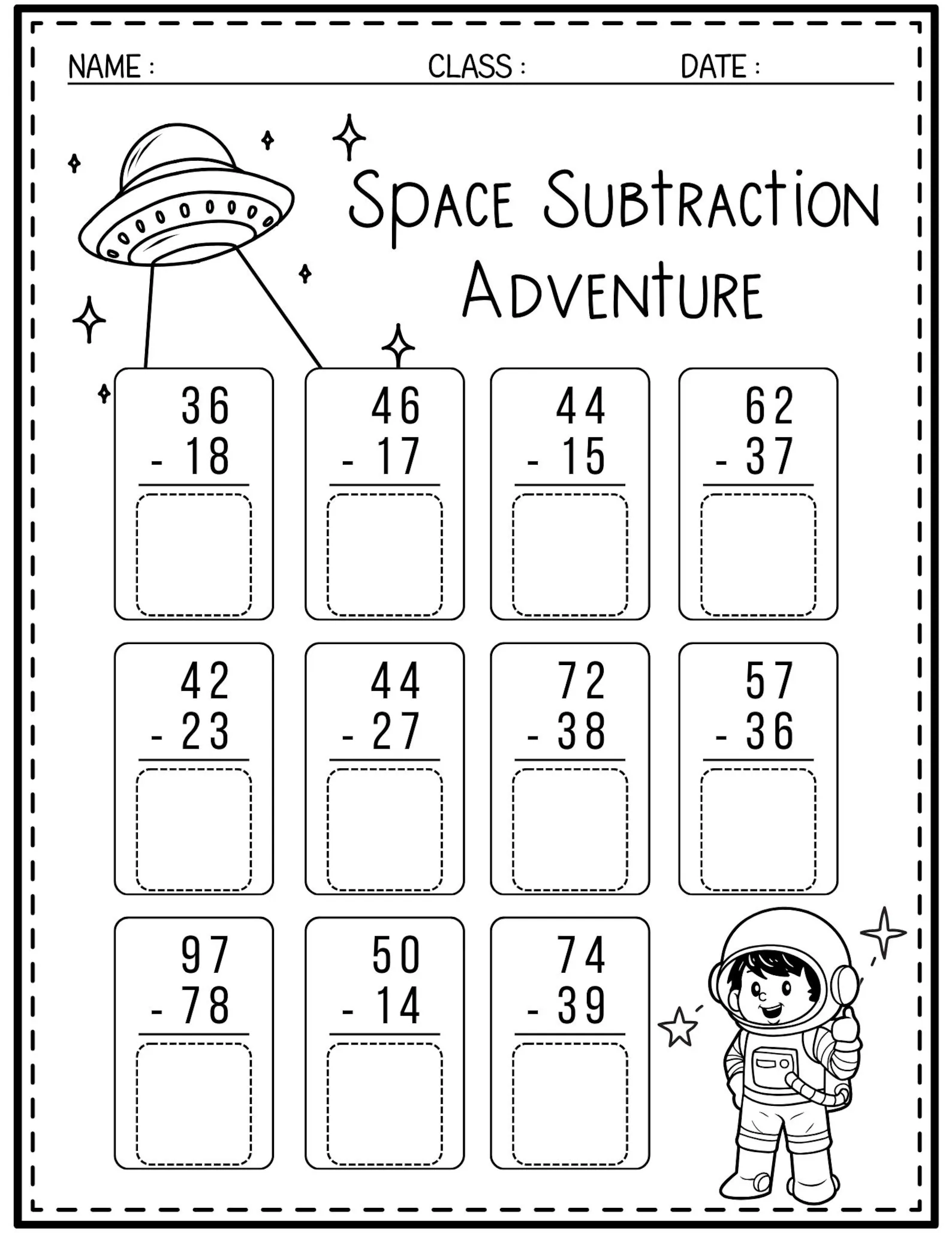 Subtracting in Space Worksheet Number 10 for Kindergarten Math Practice Kindergarten student counting and solving subtraction problems on a space-themed math worksheet
