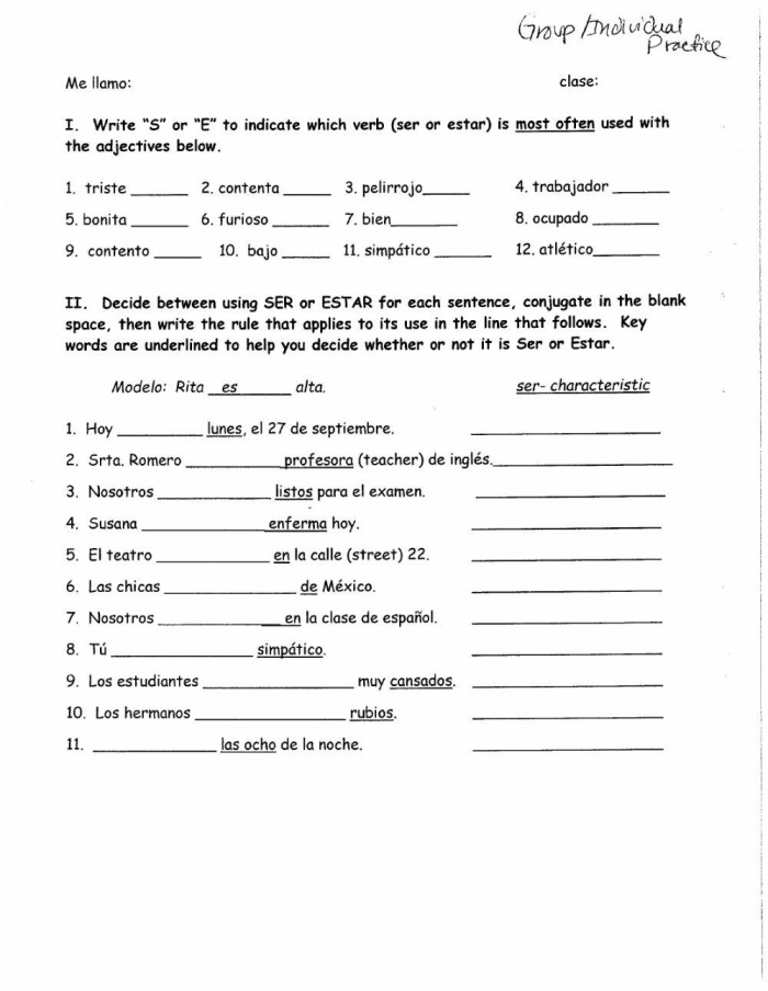 Fourth grade Spanish worksheet focusing on the differences between ser and estar verbs