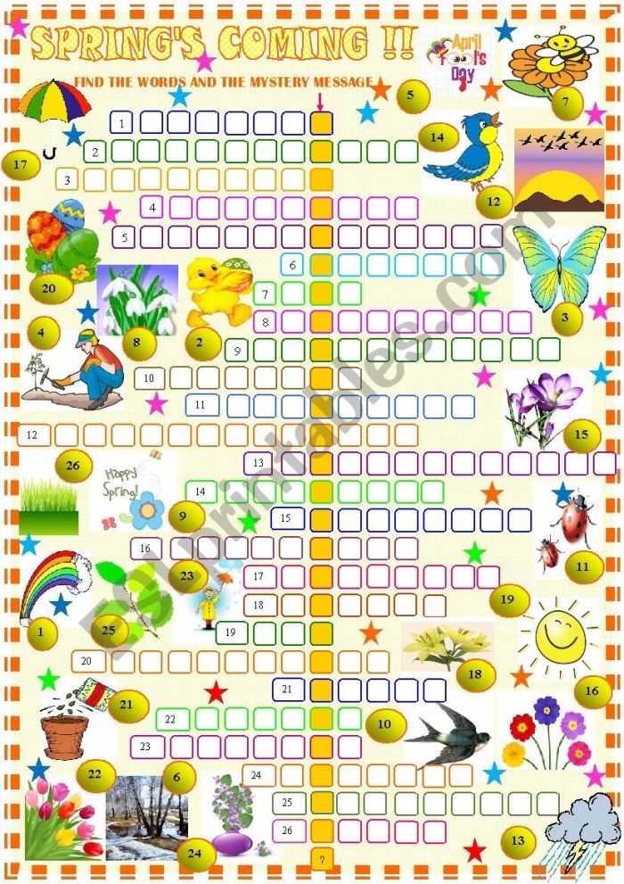 Second grade spring crossword puzzle worksheet focusing on fraction vocabulary