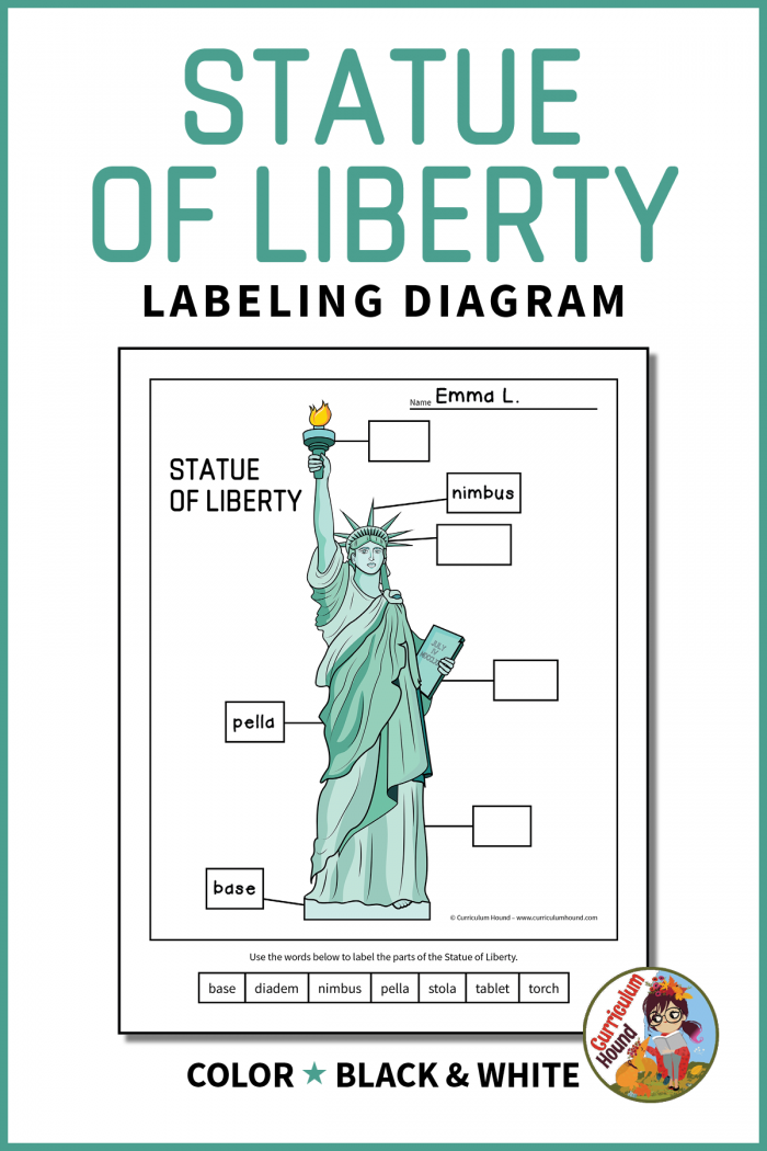 Third grade student completing a Statue of Liberty vocabulary worksheet