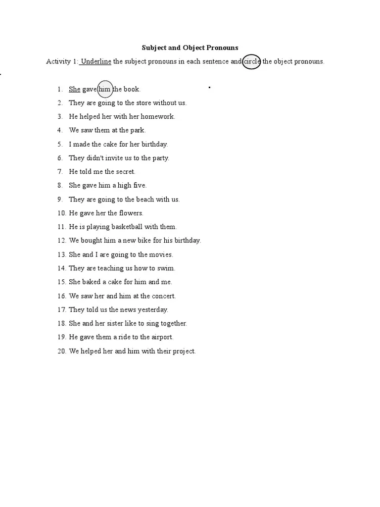 A second grade worksheet showing sentences with blank spaces where students select the correct subject or object pronoun to complete each sentence