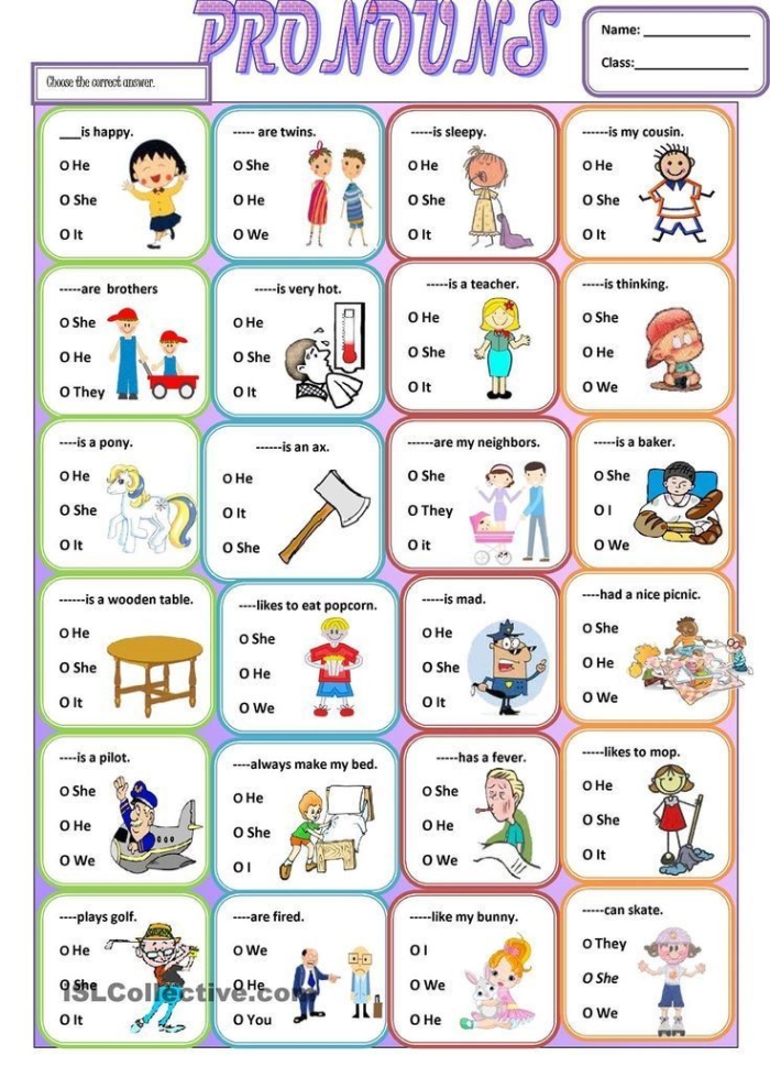 Subject Pronouns for Kids Worksheet 17 Colorful first grade worksheet for practicing subject pronouns with illustrated characters