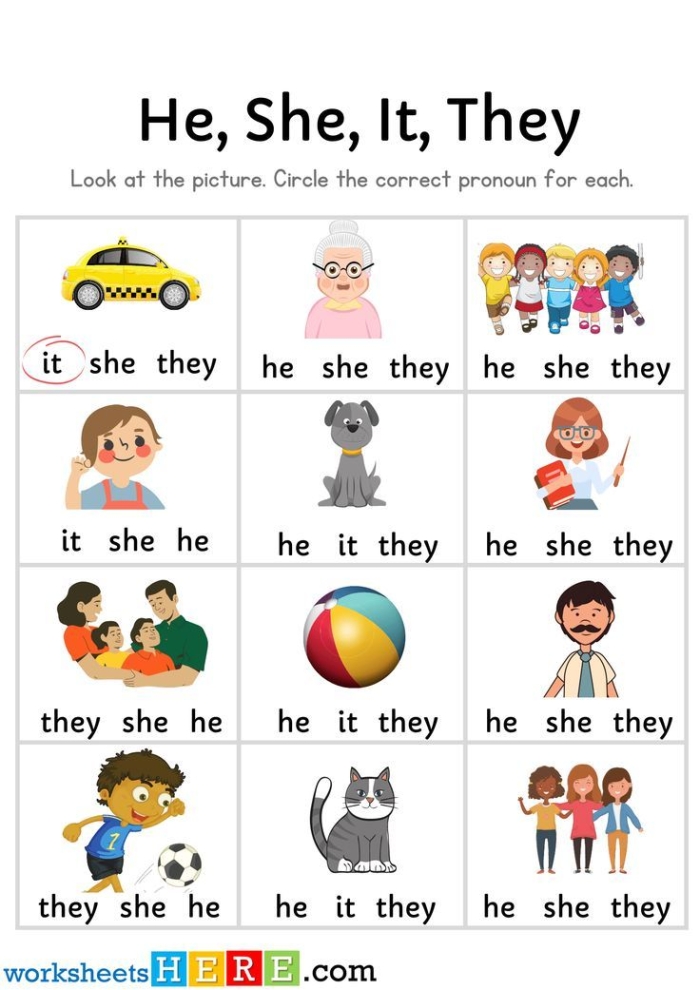 First Grade Subject Pronouns Learning Activity with Bright Illustrations Colorful subject pronouns worksheet for first grade students with visual examples of I, you, he, she, it, we, and they