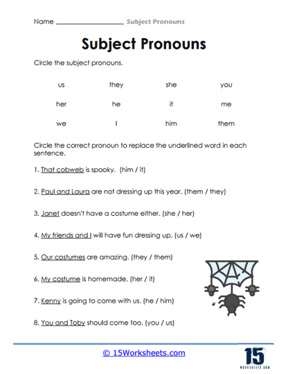 First Grade Subject Pronouns Practice Sheet with Bright Illustrations for Young Learners Colorful subject pronouns learning worksheet with visual examples for first grade students practicing I, you, he, she, it, we, and they