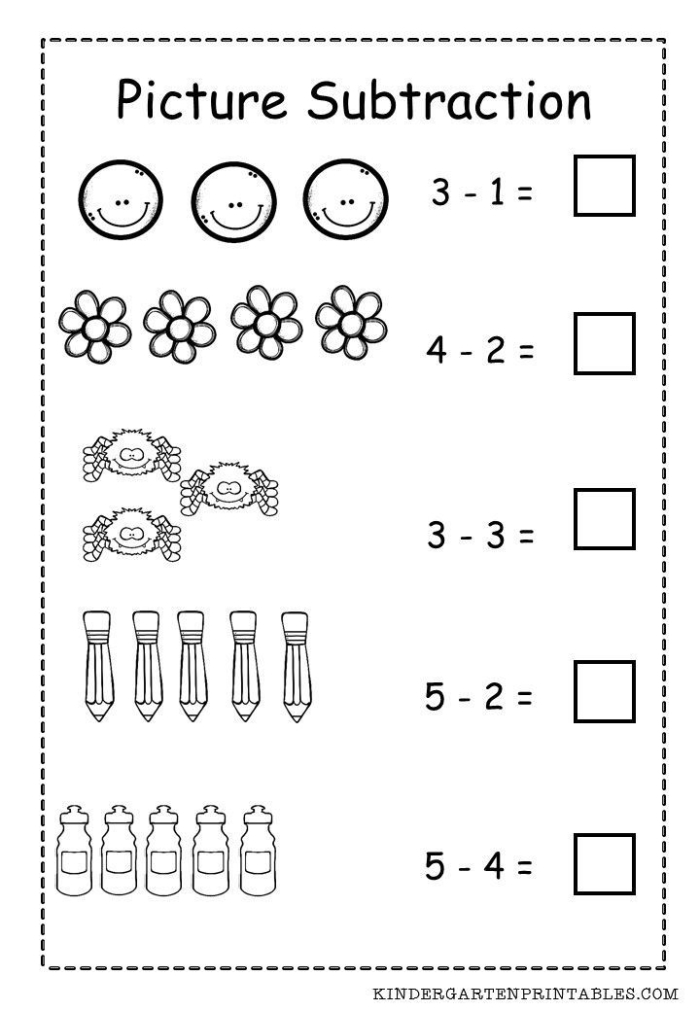 Beginning subtraction worksheet for preschoolers featuring numbers 1 to 5 with objects to count and cross out. Engaging activity for early learners to practice basic subtraction skills.