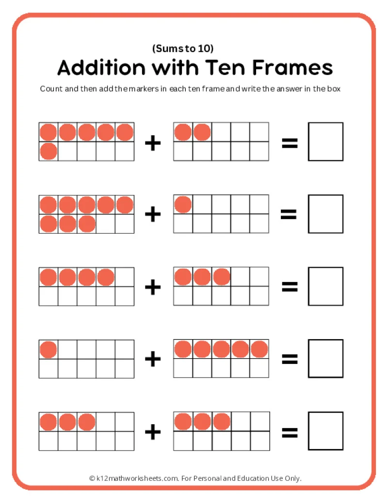 First grade math worksheet showing ten frames with dots and circles for adding numbers within 20