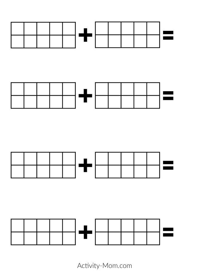 First grade math worksheet showing ten frames with dots for adding numbers within 20
