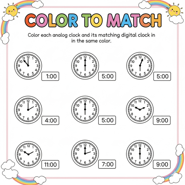 Second grade student practicing telling time by drawing lines between analog and digital clocks on worksheet 7