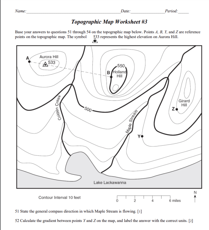 Fourth grade topographic map matching exercise with contour line recognition activity 24 Topographic map with contour lines showing elevation changes for fourth grade algebra practice worksheet 24