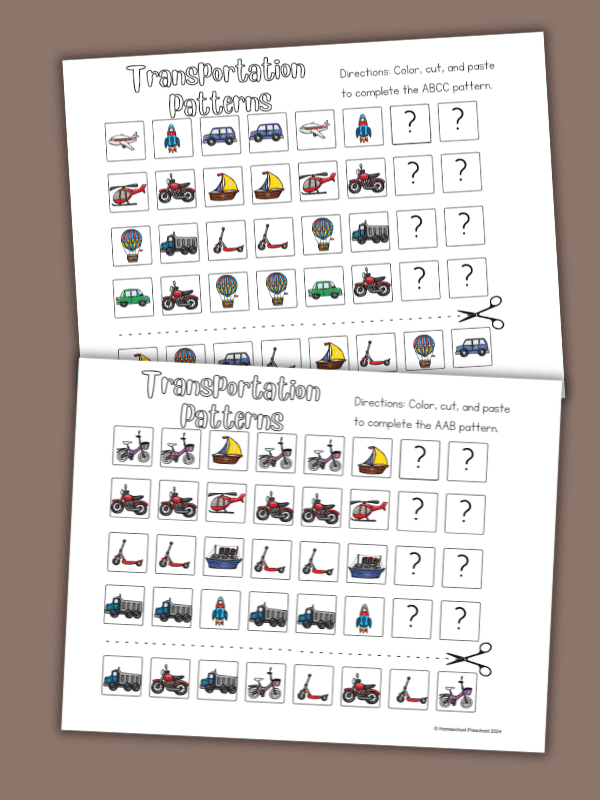 Transportation patterns worksheet for early math learners number 17 Pre-K worksheet featuring transportation themed patterns for multiplication practice