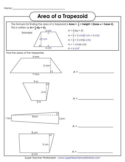 Sixth grade student solving an Area of Trapezoids Practice worksheet with addition problems