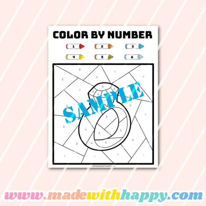 Pre-K Valentine color-by-number worksheet featuring geometric heart shapes and number practice