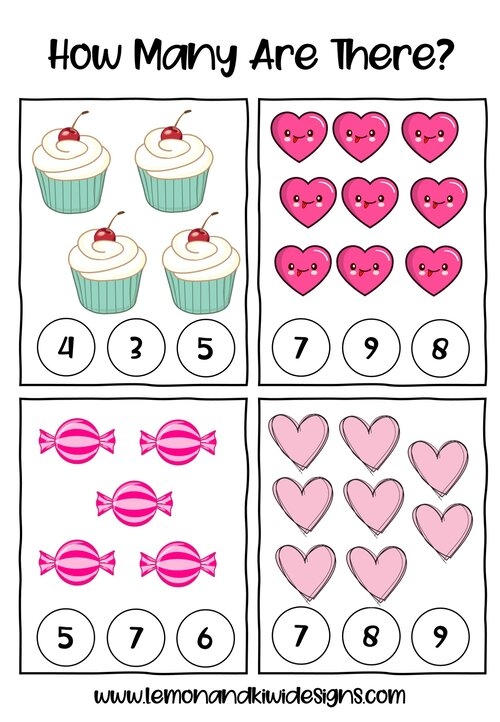 First grade Valentine's Day math worksheet with kiss candies for addition practice problems