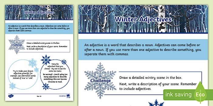 Second grade students writing winter adjectives in sentences on a grammar worksheet