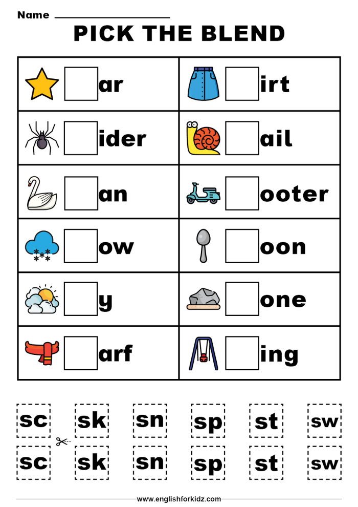 Kindergarten worksheet featuring multiple choice questions to practice beginning consonant blends