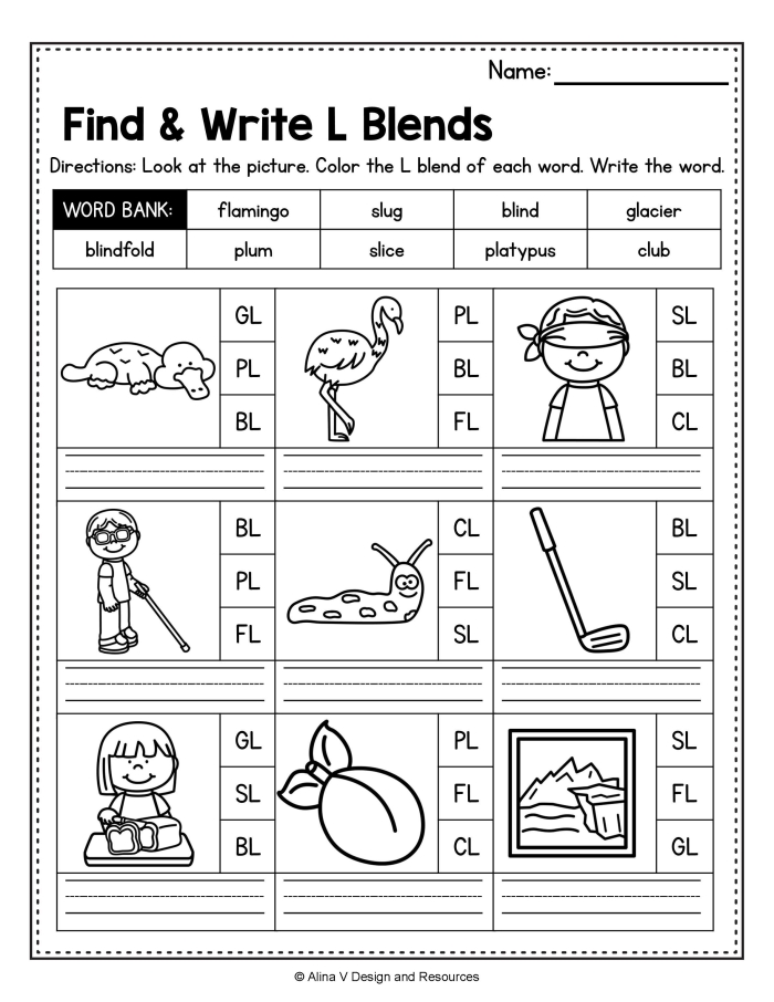 Worksheet for practicing beginning blends with first graders