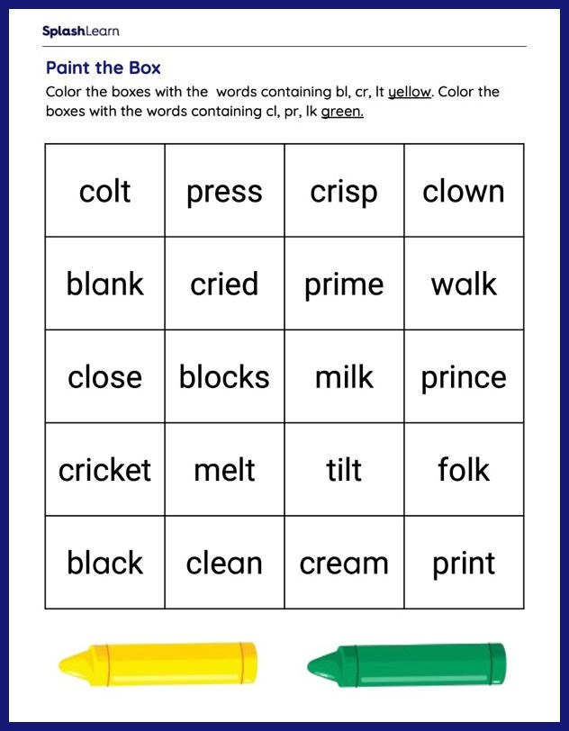 Beginning Consonant Blends worksheet for kindergarten students focusing on standardized testing practice