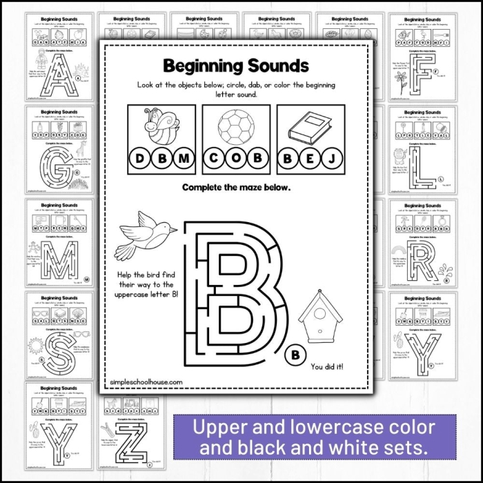 Colorful worksheet focused on the letter A for Pre-K beginning reading skills