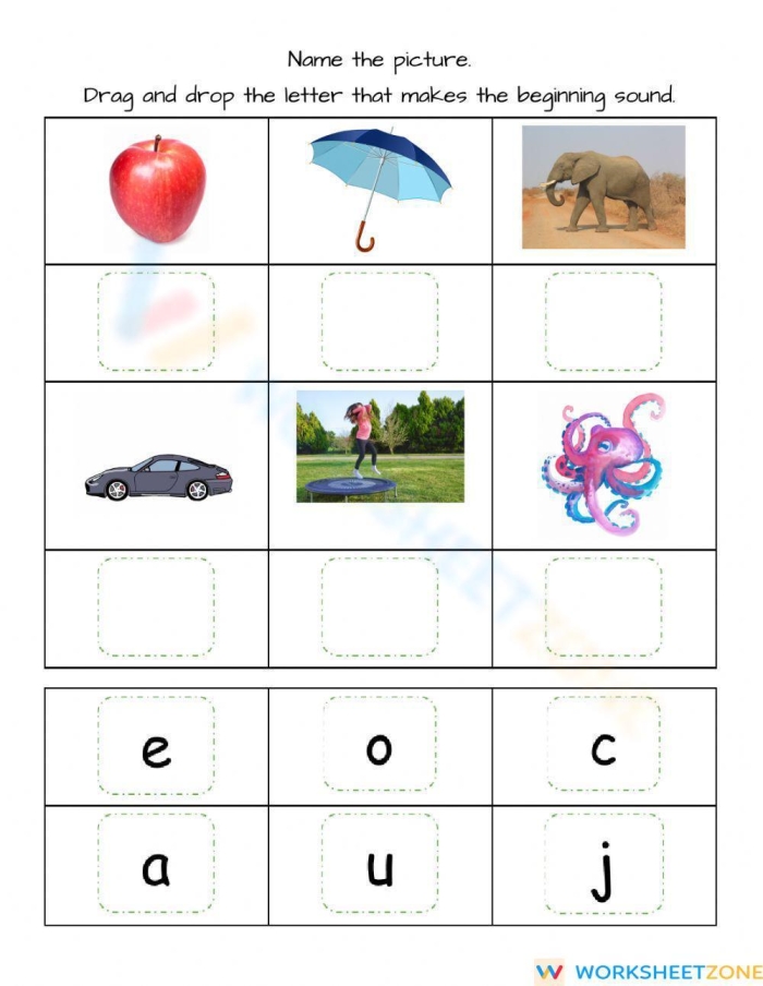 Algebra worksheet for Kindergarten Beginning Sounds Match-Up worksheet for kindergarten students focusing on letter sounds through picture matching. Engaging activity to enhance phonemic awareness in early learners.