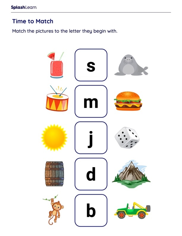 Algebra worksheet for Kindergarten Beginning Sounds Match-Up worksheet for kindergarten students focusing on identifying initial sounds through picture matching. Engaging activity to enhance phonemic awareness in early learners.