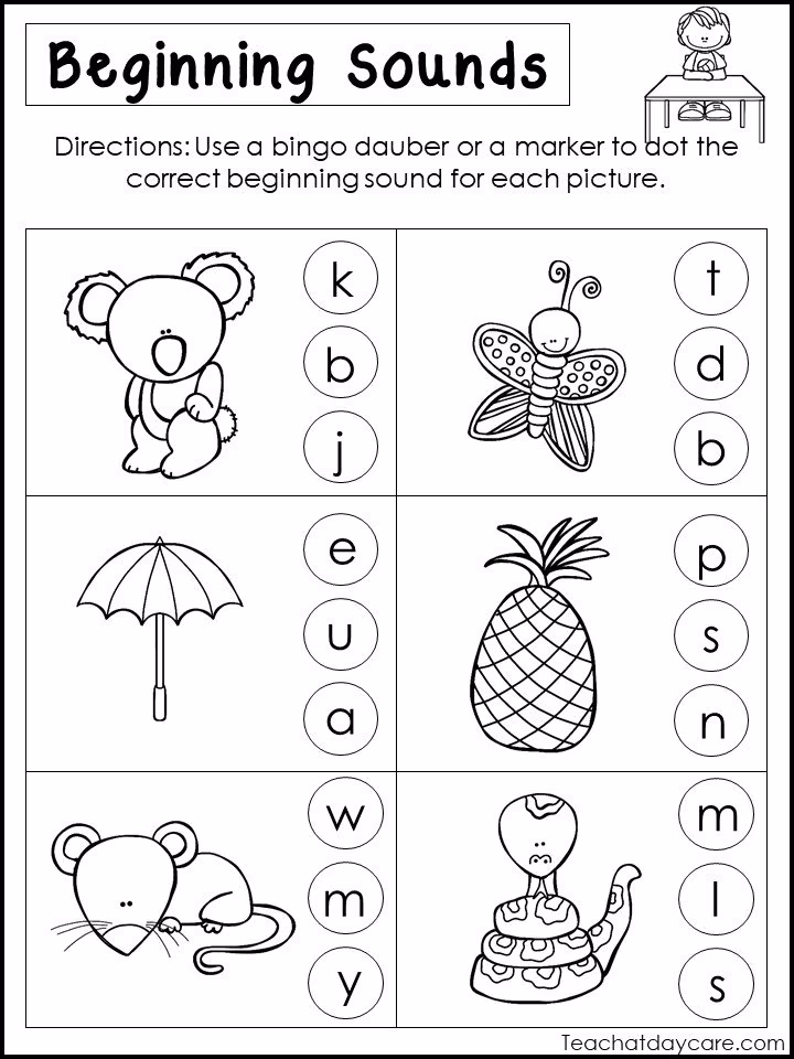 Image 12 of the Beginning Sounds Match-Up activity for kindergarten learners Beginning Sounds Match-Up worksheet featuring pictures for letter sound practice