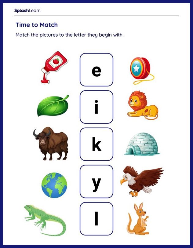 Algebra worksheet for Kindergarten Beginning Sounds Match-Up worksheet for kindergarten students practicing letter sounds through picture matching. Engaging activity for early literacy development in algebra concepts.