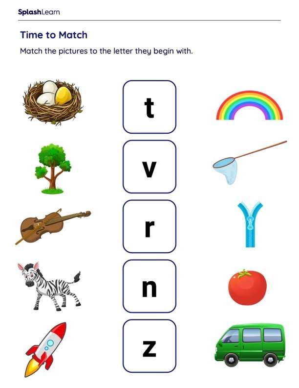 Algebra worksheet for Kindergarten Beginning Sounds Match-Up worksheet for Kindergarten focusing on identifying initial letter sounds through picture matching. Engaging educational activity for early learners to enhance phonemic awareness.