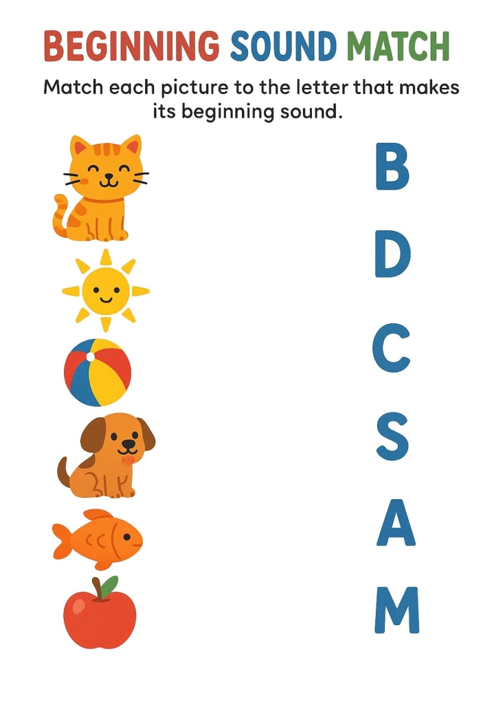 Algebra worksheet for Kindergarten Beginning Sounds Match-Up worksheet featuring pictures for matching initial sounds in Kindergarten. Engaging activity for practicing letter sounds in an Algebra context.