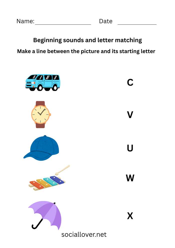 Beginning Sounds Matching worksheet for kindergarten phonics practice with pictures and words. Engaging activity to help children identify and match beginning sounds.