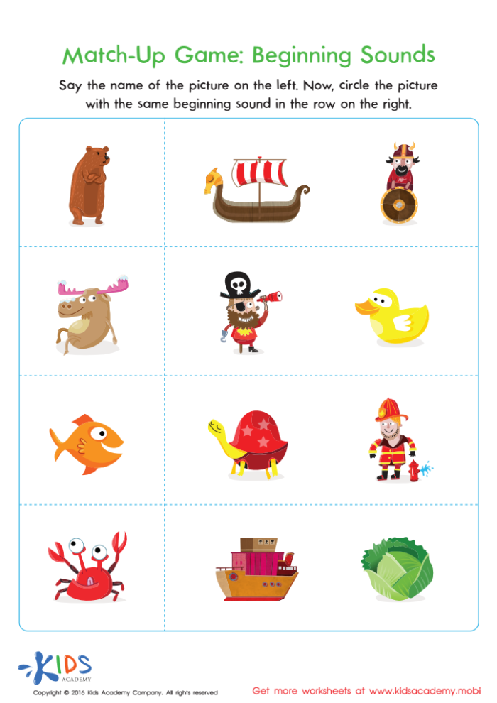 Beginning Sounds Matching worksheet for kindergarten phonics practice featuring various images to match with initial sounds. Educational activity sheet designed to enhance early reading skills through sound recognition and matching.