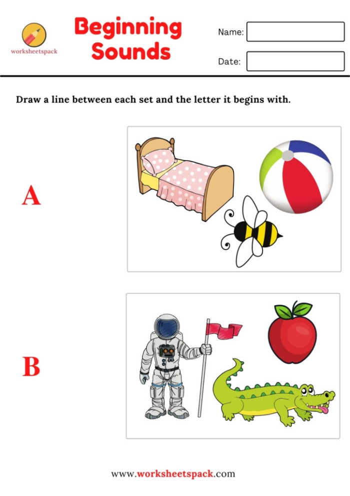 Algebra worksheet for Kindergarten Beginning Sounds Match-Up worksheet for kindergarten students focusing on letter sound recognition. Engaging activity to enhance phonetic skills through picture matching.
