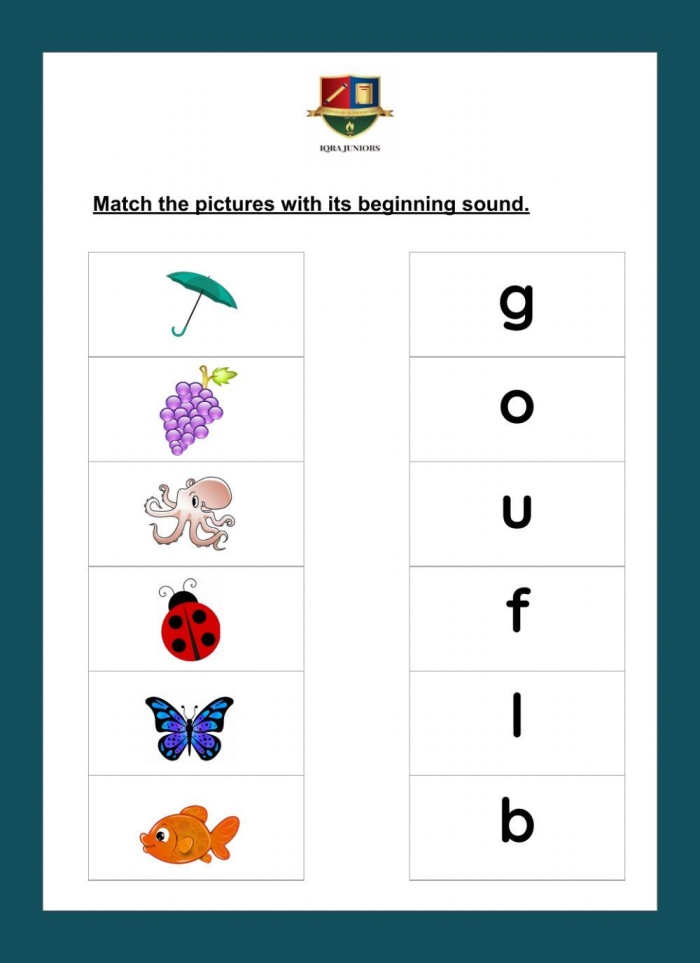 Beginning Sounds Matching worksheet for Kindergarten phonics practice featuring various images. Engaging phonics activity to help children connect words with their starting sounds.