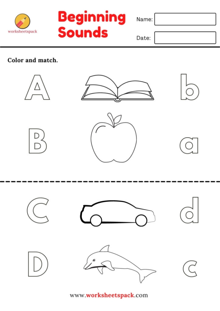 Kindergarten phonics worksheet featuring exercises for matching pictures with identical beginning sounds