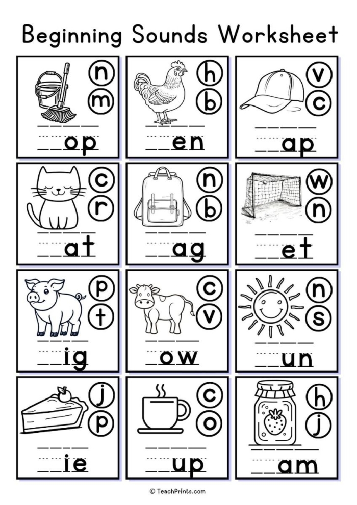 Beginning Sounds worksheet featuring images of objects starting with A to E for phonics practice