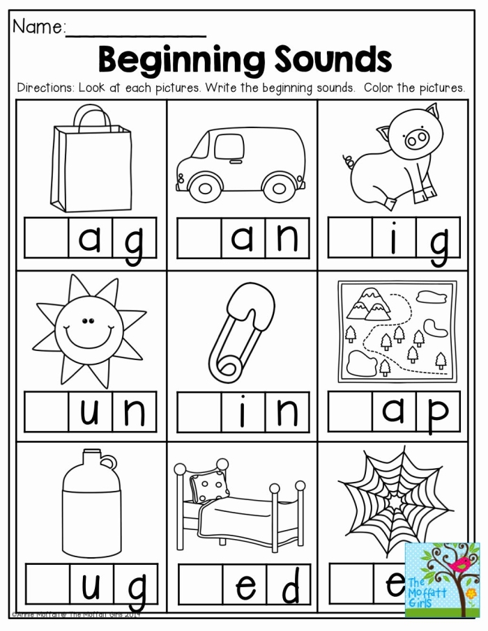 Beginning Sounds worksheet for letters A to E featuring various pictures for phonics practice