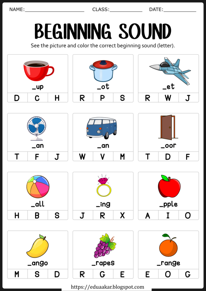 Beginning Sounds worksheet for letters A to E featuring pictures for phonics matching