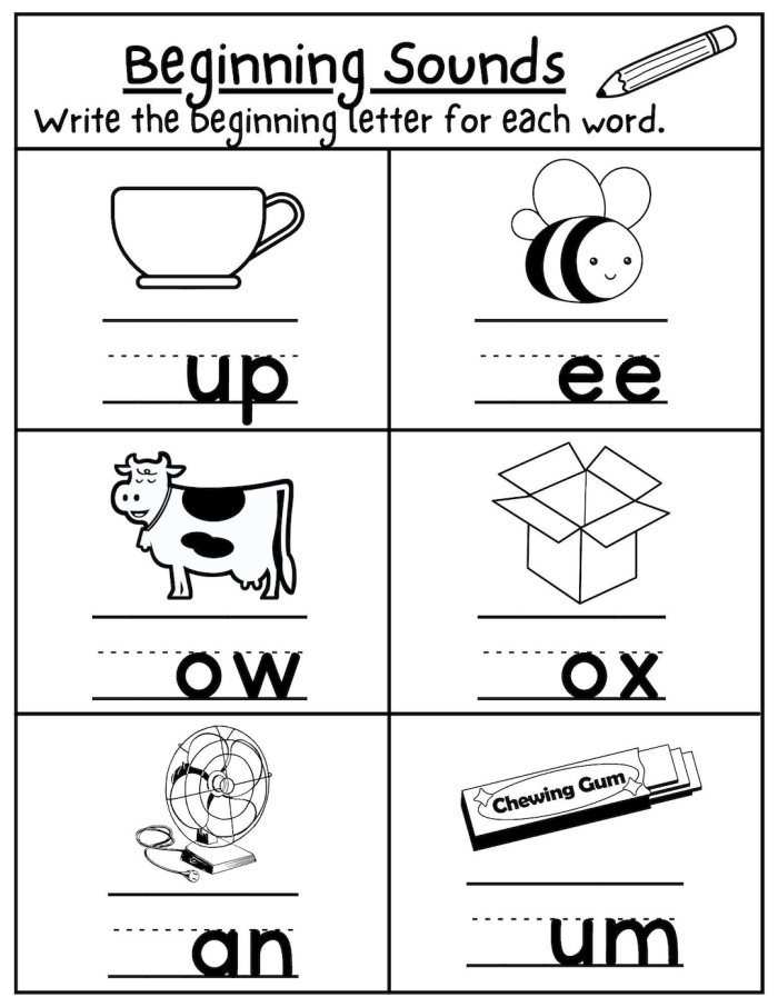 Beginning sounds phonics worksheet for letters A to E featuring picture matching activities