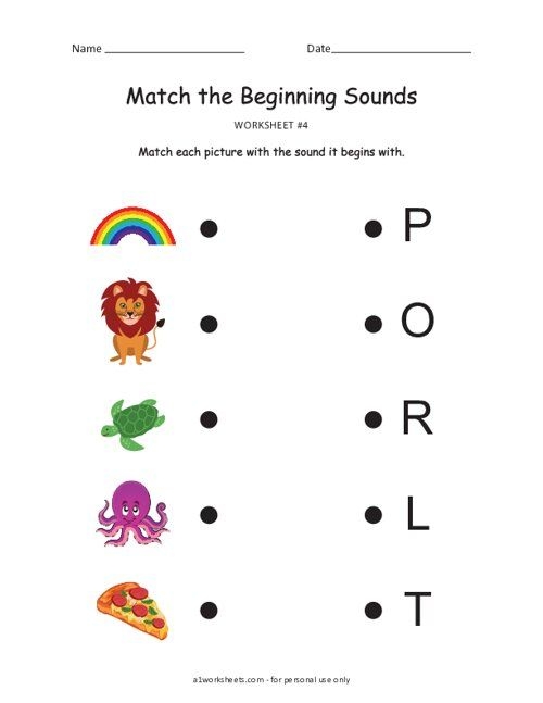 Beginning Sounds Letter Match-Up worksheet for Pre-K children, featuring letters and matching pictures. Educational activity to help kids learn initial letter sounds through fun illustrations.