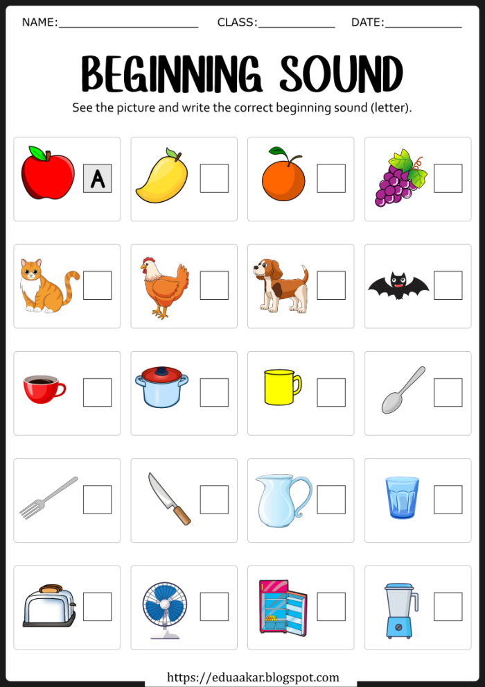 Beginning Sounds worksheet featuring matching images for letters A to E