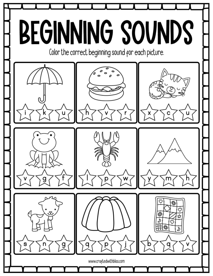 Worksheet featuring illustrations to match with beginning sounds for letters A to E