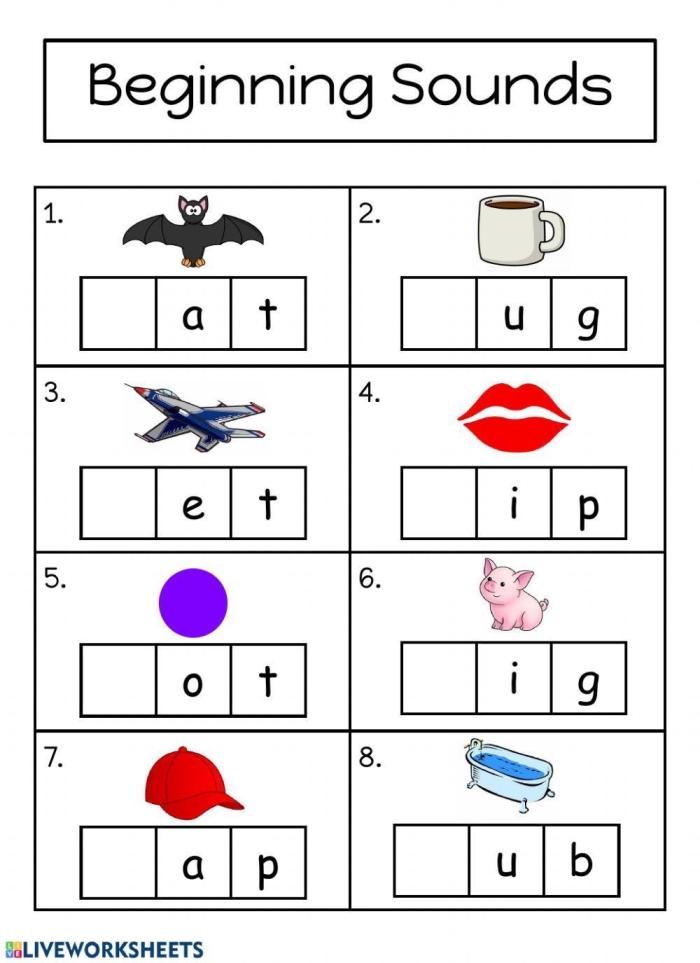 Beginning Sounds worksheet featuring images for letters A to E for kindergarten students