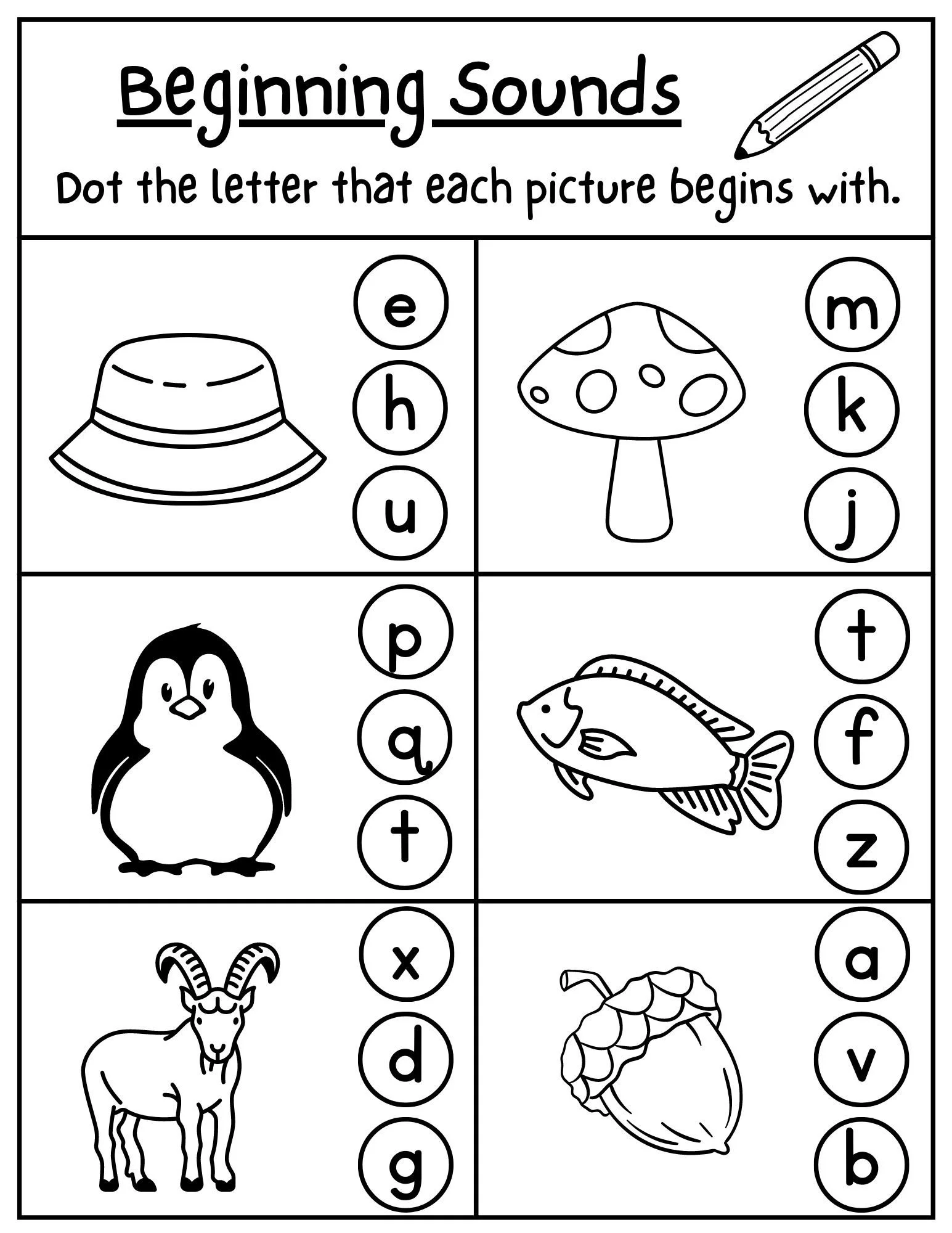 Beginning Sounds worksheet featuring images for letters A to E for kindergarten phonics practice