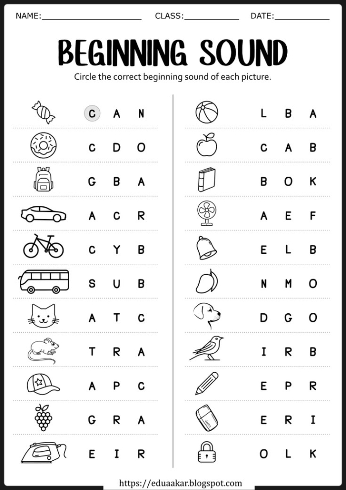 Beginning Sounds worksheet for letters A to E featuring various images to match with initial phonics sounds