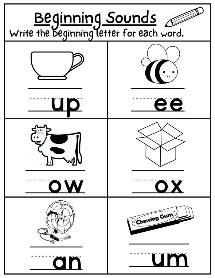 Beginning Sounds worksheet featuring matching pictures for letters A to E