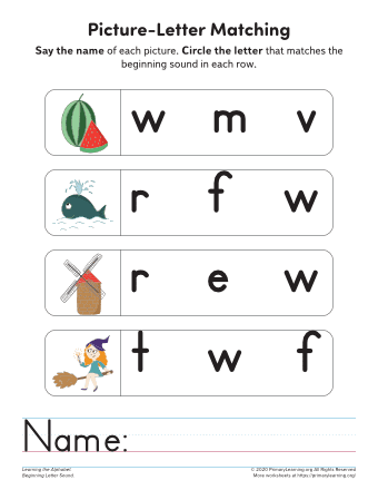 Worksheet for identifying beginning sounds of V and W with coloring activities