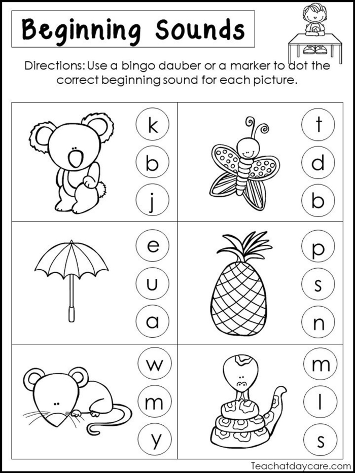Colorful worksheet featuring beginning sounds for the letters F and M with illustrations of a monkey and a fox