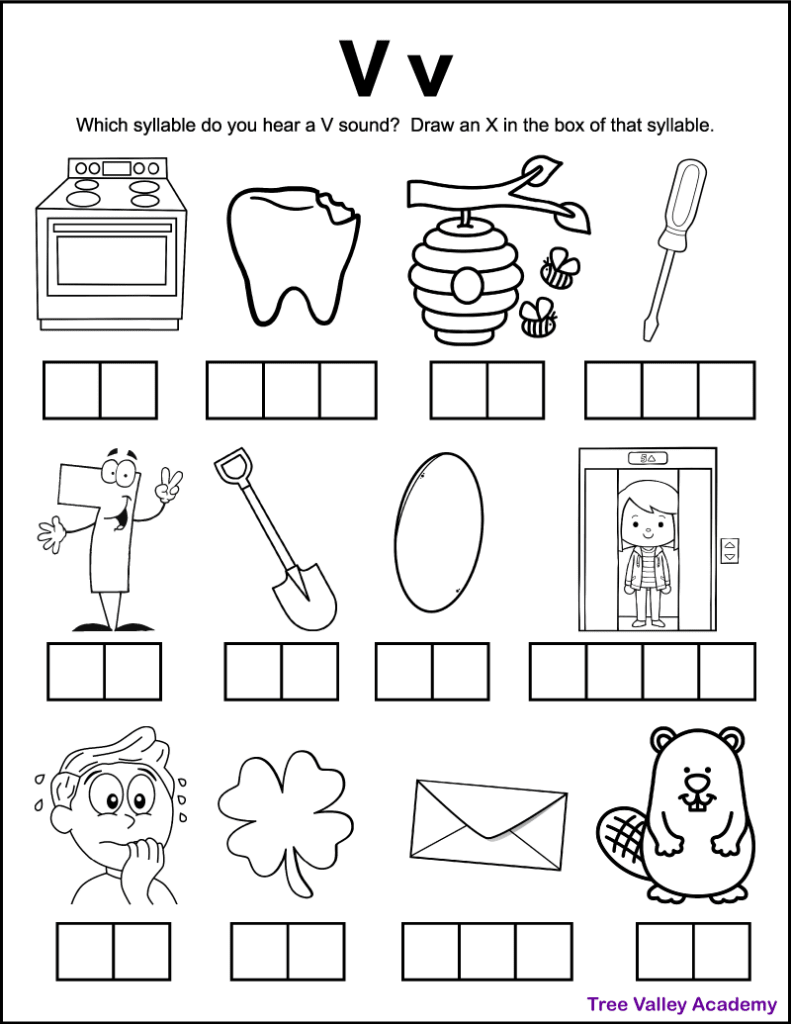 Children's worksheet for identifying beginning sounds of V and W words in phonics