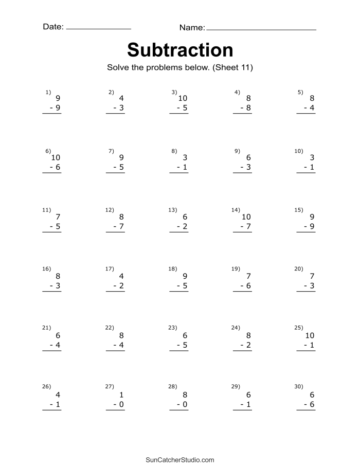 Math worksheet for first grade focused on single-digit subtraction and geometry concepts 12 First grade student completing a single-digit subtraction worksheet with basic geometric shapes