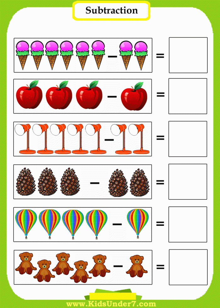 Beginning subtraction worksheet for preschoolers featuring numbers 1 to 5 with counting and crossing out objects