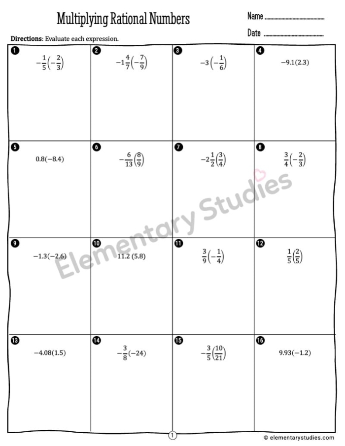 Multiplying and Dividing Rational Numbers Worksheet for Grade 7 Worksheet for practicing multiplication and division of rational numbers for seventh graders